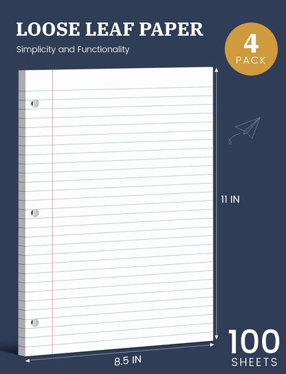 Loose Leaf Paper Wide Ruled, 8-1/2 x 11 In, 400 Sheets Filler Paper for 3-Ring Binder, Double-Printing Lined Paper, 3-Hole Punched Notebook Paper Binder Paper 8.5'' x 11'', 4 Pack, 100 Sheets/Pad
