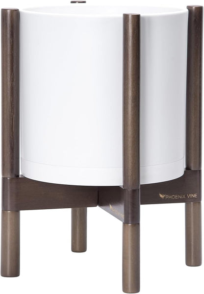 D'vine Dev Planter Pot with Stand - 10 Inch Plastic Cylinder Flower Pot with Wood Planter Holder for Indoor, Matte White Pot + Walnut Color Stand, 55-C-L-1