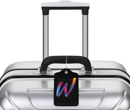 2 Pack Initial Luggage Tags for Suitcase, Colorful Letter Design Cruise Name Bag Tags, Novelty Baggage Identifiers with Full Privacy Cover, Leather ID Label for Women Men Kids Travel, Rainbow Letter W