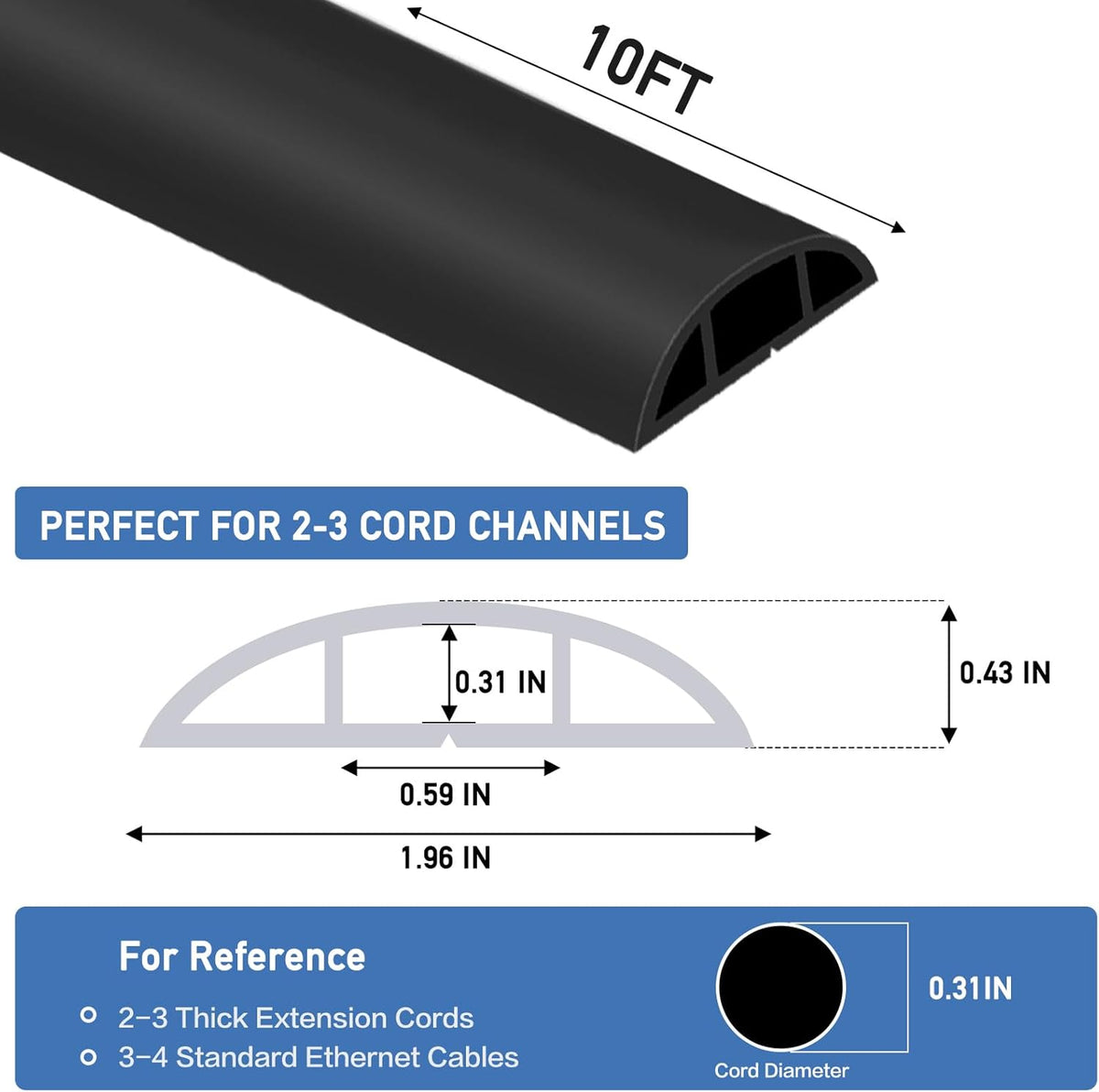 Floor Cord Cover Self Adhesive Cord Hider Floor Extension Cord Covers for Floor Power Cord Protector Cable Management Prevent Cable Trips Cable Cavity 0.59" W x 0.31" H (Black, 10Ft)