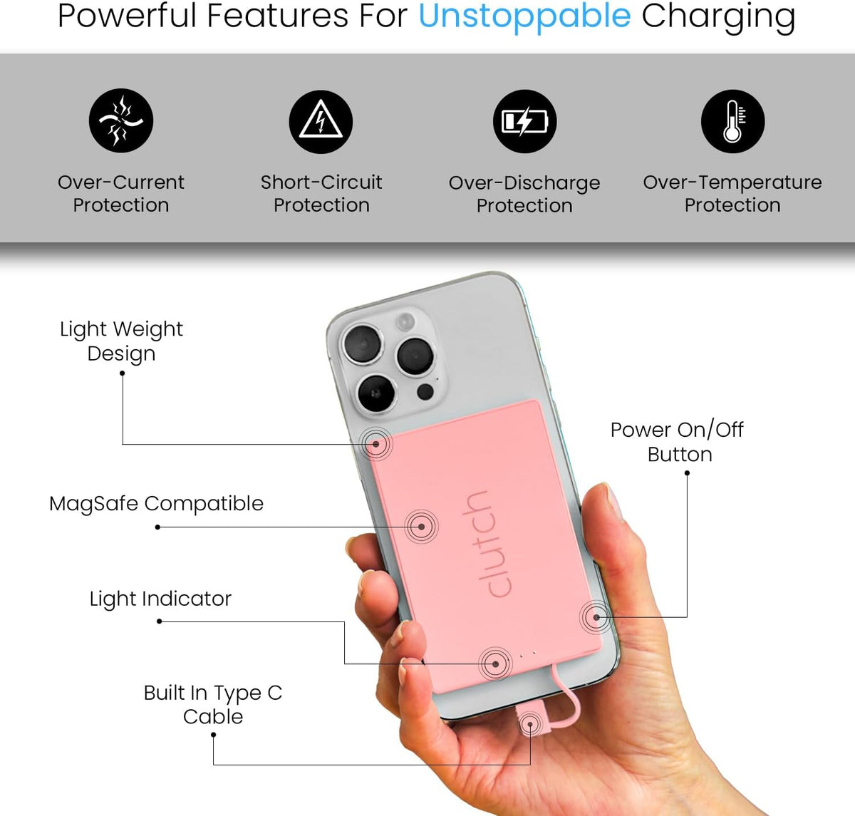 Clutch - Pro USB-C Portable Charger - Compatible with iPhone 15, 16, 17 & Android Devices - Power Bank Magnetic Battery - TSA Travel Approved - USB Rechargeable - Built-in Cable - 5000 mAh - 3.7oz