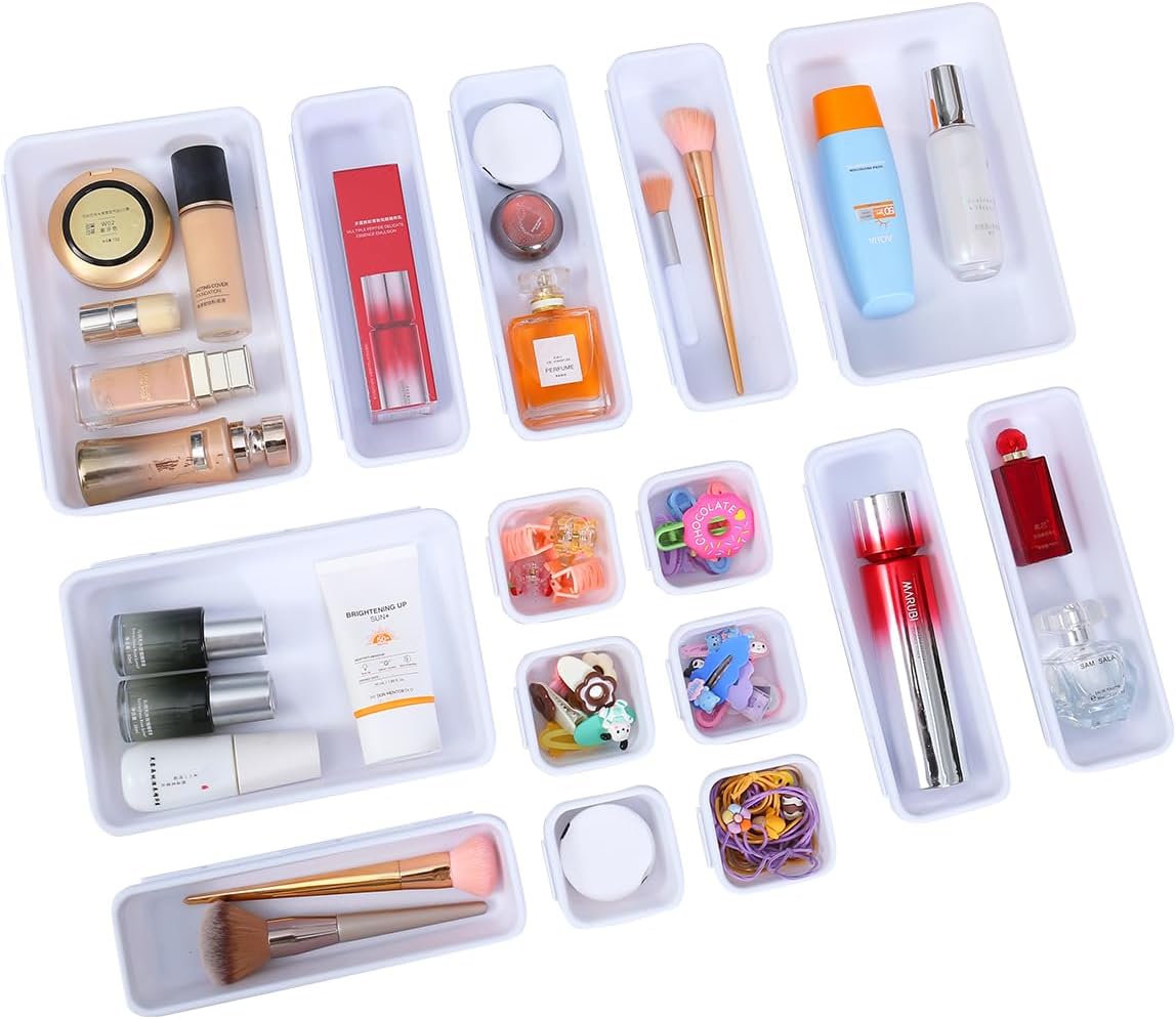 15 PCS Interlocking Desk Drawer Organizer Separator for Office,Bathroom,Kitchen,Makeup（White）