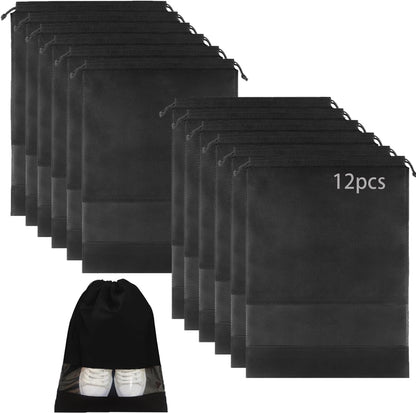 12pcs Non-woven Shoe Bags for Travel 12.6" X 17.3" Portable Shoe Bags with Clear Window, Large Drawstring Dustproof Travel Shoe Storage Bag for Men & Women, Black,XL Size