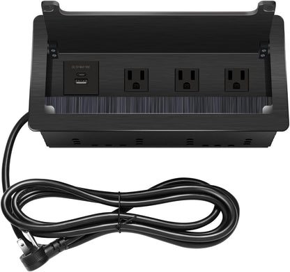 Conference Table Power Hub; Outlet Multimedia Connectivity Box with 3 AC outlets; USB-A+USB-C 18W 8FT 16AWG UL Listed Flat Plug Used for Office Conference Tables-High end Aluminum Alloy