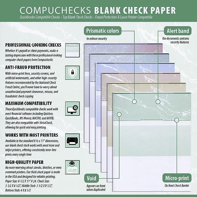 Compuchecks Blank Check Paper - 500 Pack - Computer Security Business Checks, QuickBooks & Laser Printer Compatible - Check On top, Voucher On Bottom - Check Paper Size 8 1/2-11 - Green Diamond