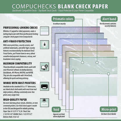 Compuchecks Blank Check Paper - 500 Pack - Computer Security Business Checks, QuickBooks & Laser Printer Compatible - Check On top, Voucher On Bottom - Check Paper Size 8 1/2-11 - Green Diamond