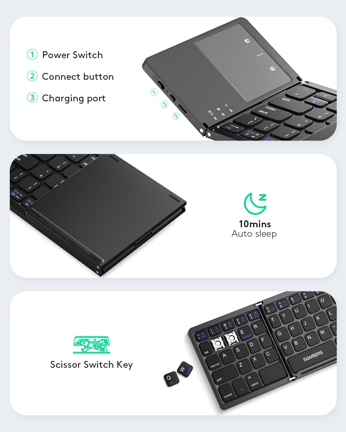 Samsers Foldable Bluetooth Keyboard with Touchpad - Portable Wireless Keyboard with Holder, Rechargeable Full Size Ultra Slim Pocket Folding Keyboards for Android Windows iOS Tablet & Laptop - Black