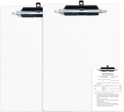 White Clipboard with Pen Holder, 2 Pack Plastic Clipboard with Low Profile Metal Clip, Hanging Clipboards Holds 8.5x11 Inch Papers, Standard A4 Letter Size Clip Board for Office & School