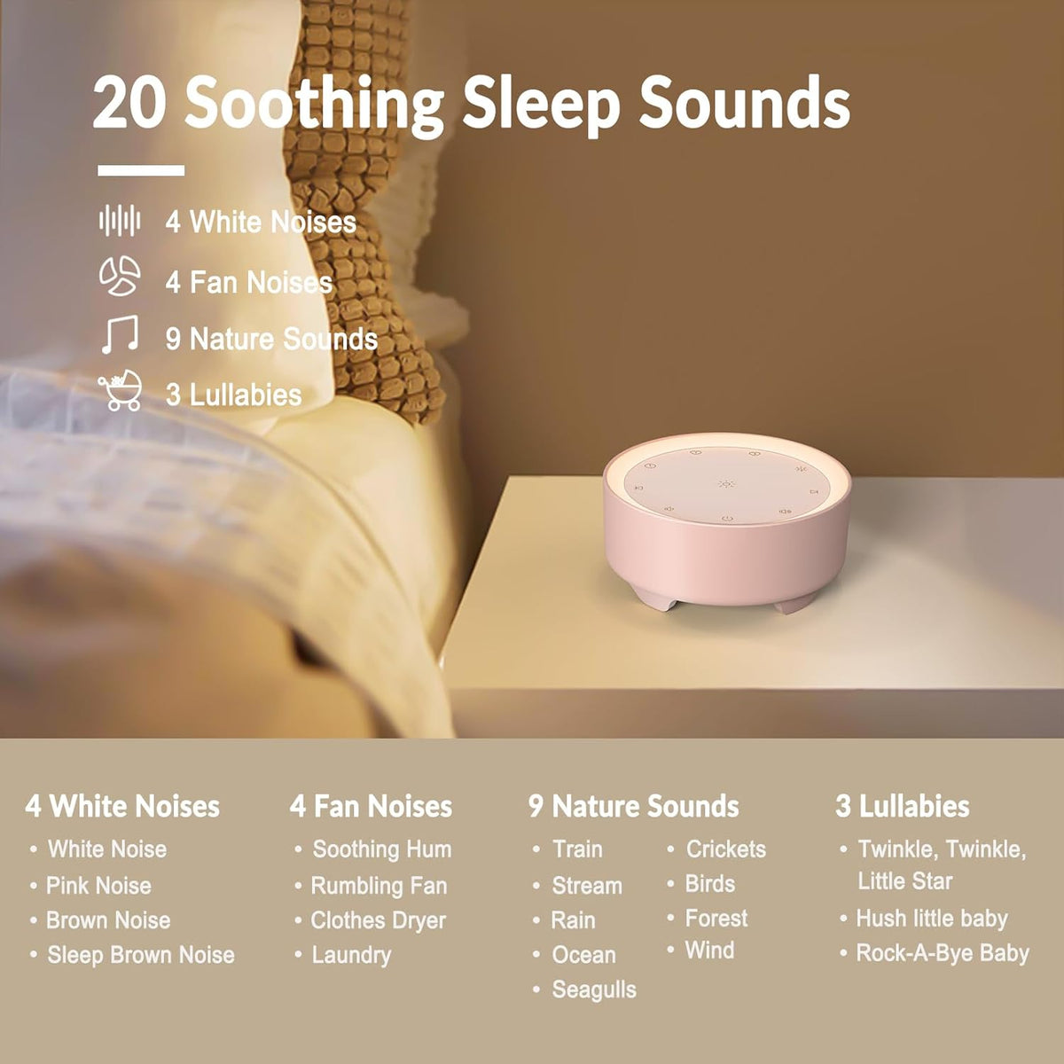 Kipcush Sound Machine & Night Light for Adults, Baby, Kids. White Noise Machine with 20 Soothing Sleep Sounds. Small Size & Portable Design for Bedroom, Office, Travel. Favorites Buttons, Timer（Pink）