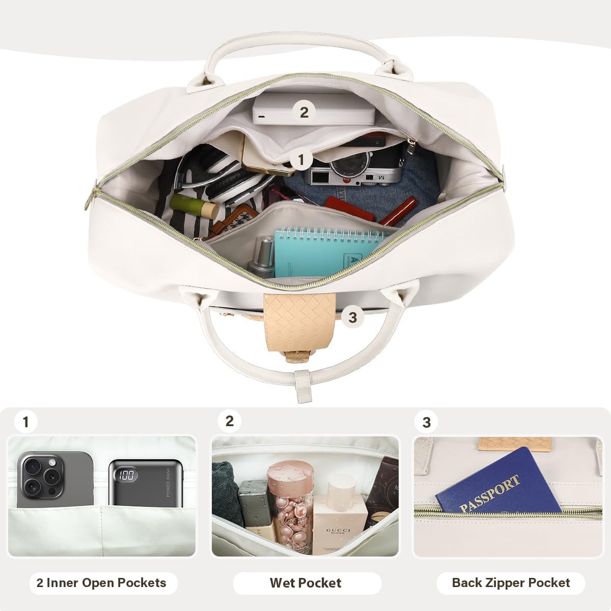 Leather Weekender Bags for Women, Travel Duffel Bag PU Overnight Bag Carry On Tote Bag with Shoe Compartment Wet Pocket