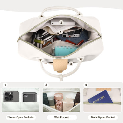 Leather Weekender Bags for Women, Travel Duffel Bag PU Overnight Bag Carry On Tote Bag with Shoe Compartment Wet Pocket