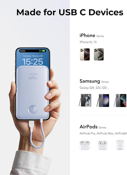 Slim Portable Charger 10000mAh, Travel Power Bank with Built-in USB-C Cable & LED Display, 22.5W Fast Charging Battery Pack Compatible with iPhone 16 15 Samsung S24 S23 -Blue
