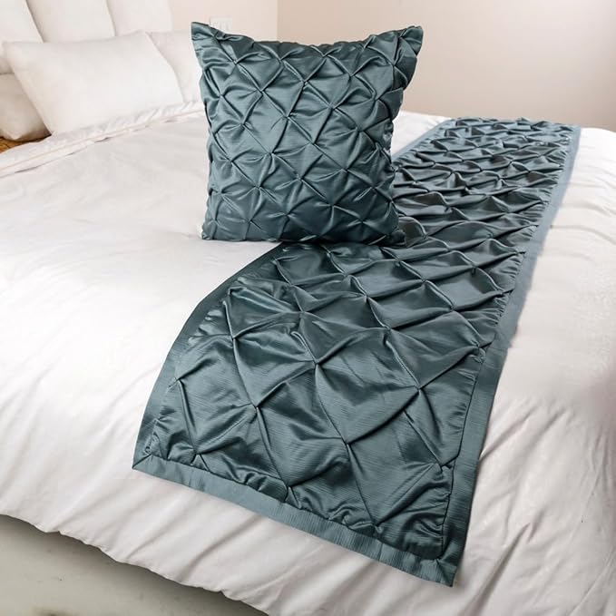 The HomeCentric Handmade Blue CA King 86 x 18 inch Bed Runner with 2 Matching Pillow Cover, Satin Pintucks Bed Scarf, Solid Color Modern - Satin Nights