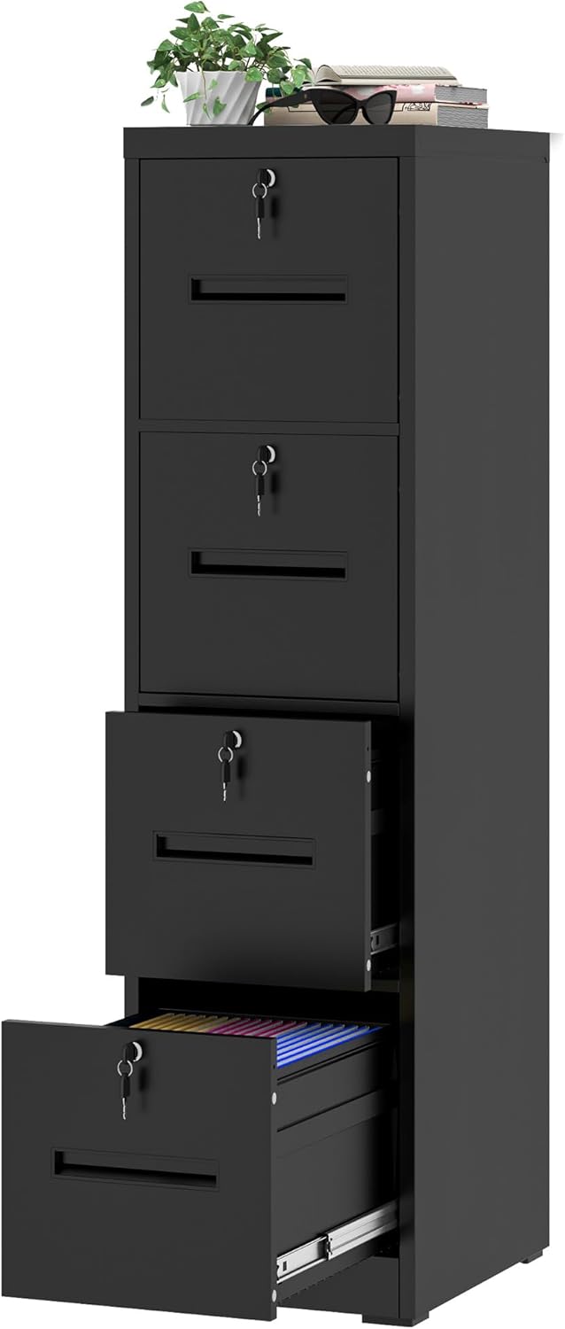 File Cabinet 4 Drawer with Lock, Vertical Filing Cabinets for Home Office, Metal Steel Storage Cabinet for Letter/Legal Size File, Assembly Required(Black)
