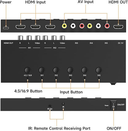 5 in to 1 Out RCA/HDMI Switcher，3 Way HDMI 2.0 + 2 RCA to HDMI Converter