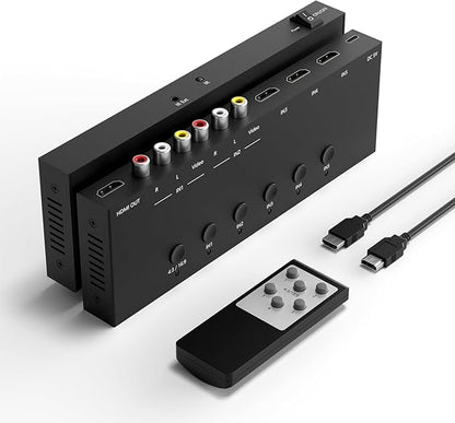 5 in to 1 Out RCA/HDMI Switcher，3 Way HDMI 2.0 + 2 RCA to HDMI Converter
