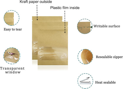 FERENLI 100 Pack 5.1x7.08 inch Small Resealable Seed Coin Envelopes Bags with Clear Window Brown Kraft Paper Heat Seal Packets for Flower Vegetable Seeds Storage Party Favor Pet Food Sample Bag