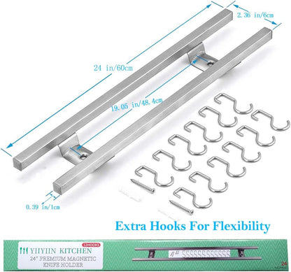 YIIYIIN 24-Inch Magnetic Knife Holder for Wall – 304 Stainless Steel Knife Strip with 12 Hooks – Magnetic Knife & Utensil Rack