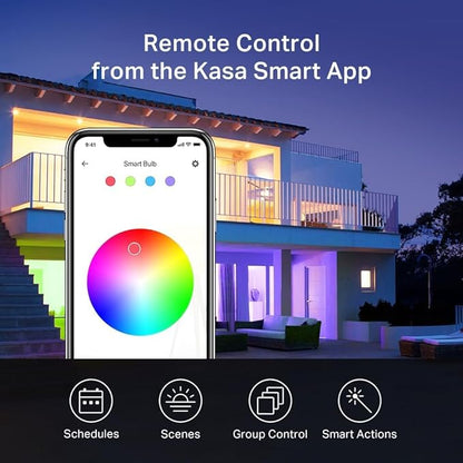 Kasa Smart Light Bulbs, Full Color Changing Dimmable Smart WiFi Bulbs Compatible with Alexa and Google Home, A19, 9W 800 Lumens,2.4Ghz only, No Hub Required, 4 Count (Pack of 1), Multicolor (KL125P4)