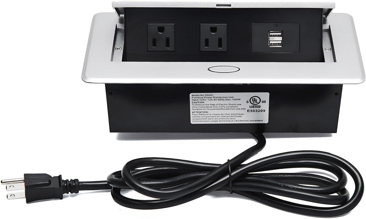 UL Approval Power Strip, Hidden Pop Up Outlet Table Connection Box, Desktop Socket with 2 Outlets & 2 USB Charging Ports for Conference Room Countertop (Silver)