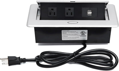 UL Approval Power Strip, Hidden Pop Up Outlet Table Connection Box, Desktop Socket with 2 Outlets & 2 USB Charging Ports for Conference Room Countertop (Silver)
