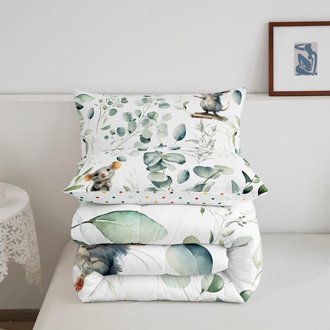 Erosebridal Kids Cute Animal Bedding King Size for Girls Boys Cartoon Mouse Comforter Set King, Spring Eucalyptus Duvet Insert Watercolor Leaves Quilt Set, Kawaii Animal Mice Bedding Comforters & Sets