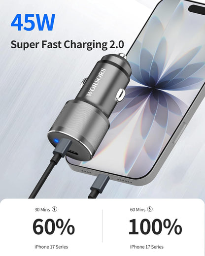 Dual 45W USB C Car Charger, 90W Max Super Fast Charging, All Metal 12V Cigarette Lighter Adapter for iPhone 17 Pro Max/16/15/iPad, Samsung Galaxy S25/S24, Google Phones with 2 Type C Cable 3.3ft Gray