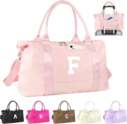 Initial Travel Duffel Bag Sports Gym Bag for Girls Teen Birthday Gifts,Pink Personalized Weekender Bag Carry On Tote Bags for Women Men,Waterproof Overnight Luggage Bag with Trolley Sleeve(Letter F)