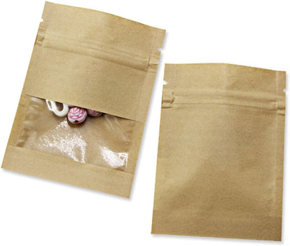 FERENLI 500 Pack 2.8x3.5 inch Small Resealable Seed Coin Envelopes Bags with Clear Window Brown Kraft Paper Heat Seal Packets for Flower Vegetable Seeds Storage Party Favor Pet Food Sample Bag