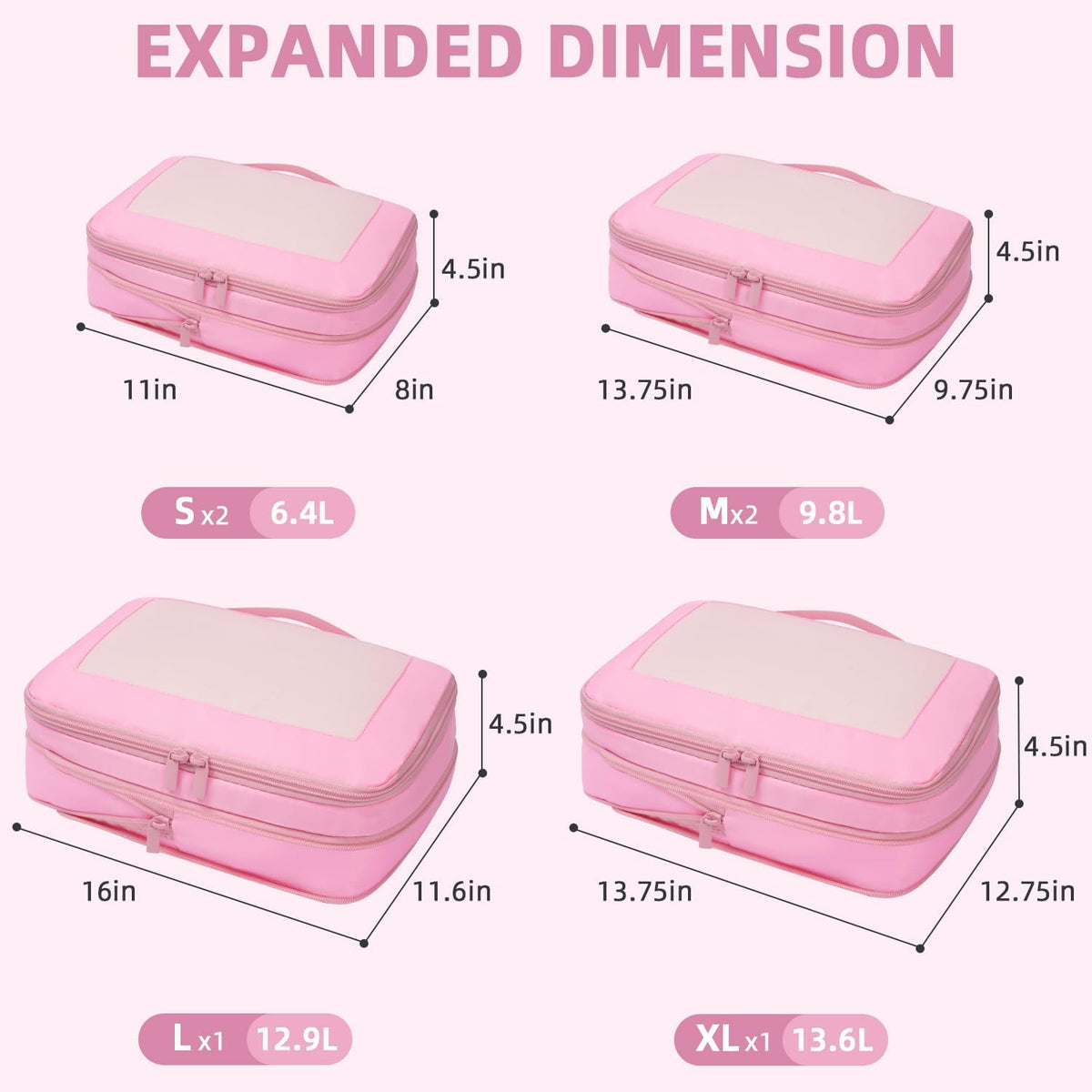 BAGAIL 4 Set/6 Set/8 Set Compression Packing Cubes Travel Accessories Expandable Packing Organizers (Square Mesh, 06-Pink)