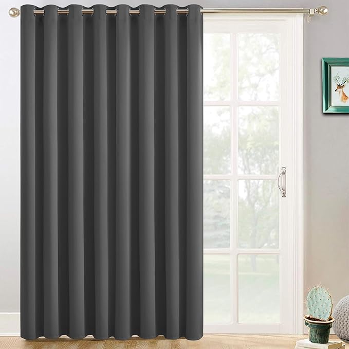 Yakamok Blackout Patio Curtains 100x84 Inches for Sliding Door Extral Wide Blackout Curtain Panels Thermal Insulated Room Divider - Grommet Top, 7' Tall by 8.3' Wide - Charcoal Grey