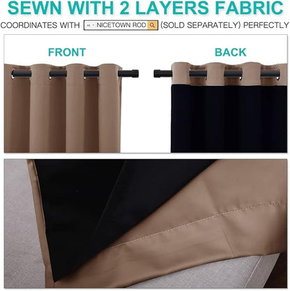 NICETOWN Living Room Completely Shaded Draperies, Privacy Protection & Noise Reducing Ring Top Drapes, Black Lined Insulated Window Treatment Curtain Panels(Cappuccino, 2 Pieces, W52 x L72)