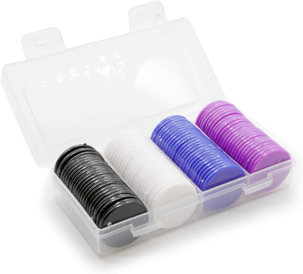Set of 100 Opaque Plastic Learning Counters Mini Poker Chips Game Tokens with Storage Box (Black+White+Blue+Purple, 1.26 Inch)
