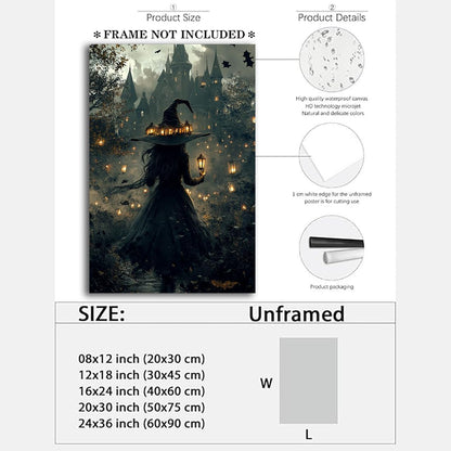 Halloween Witch and Haunted House Canvas Wall Art,Dark Academia Scary Witch Castle Posters Prints,Thriller Horror Gothic Wall Decor Pictures for Halloween Party House Decoration,24"x36" Unframed