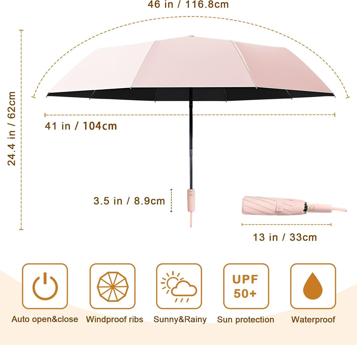 2-Pack Windproof, Waterproof, UV-Blocking Portable Travel Umbrella, Compact Sun & Rain Folding Umbrella, Double Rib Structure, Large Auto Open and Close Car Umbrella