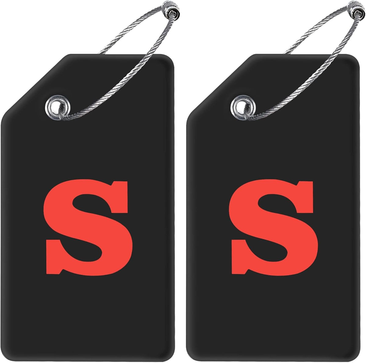 Gostwo 2 Pack Silicone Luggage Tags for Suitcases, 26 Initial Letter Baggage Labels Handbag School Bag Suitcase Instrument Tag with Stainless Steel Loop(Black & White) (Letter S)