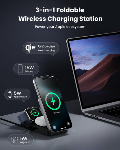3-in-1 Wireless Charger Charging Station for iPhone, Qi2 Certified 15W Fast Charging Foldable Magnetic Charger Stand with 30W USB C Adapter for MagSafe iPhone 16/15/14/13/12, Apple Watch, AirPods