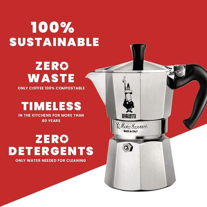 Bialetti - Moka Express: Iconic Stovetop Espresso Maker, Makes Real Italian Coffee, Moka Pot 1 Cup (2 Oz - 60 Ml), Aluminium, Silver (Pack of 6)