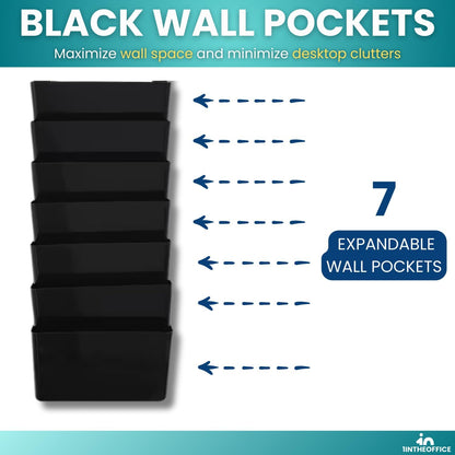 Hanging Wall File Organizer, Wall Mounted File Holder, Letter Size, 7 Pocket, Expandable, Black