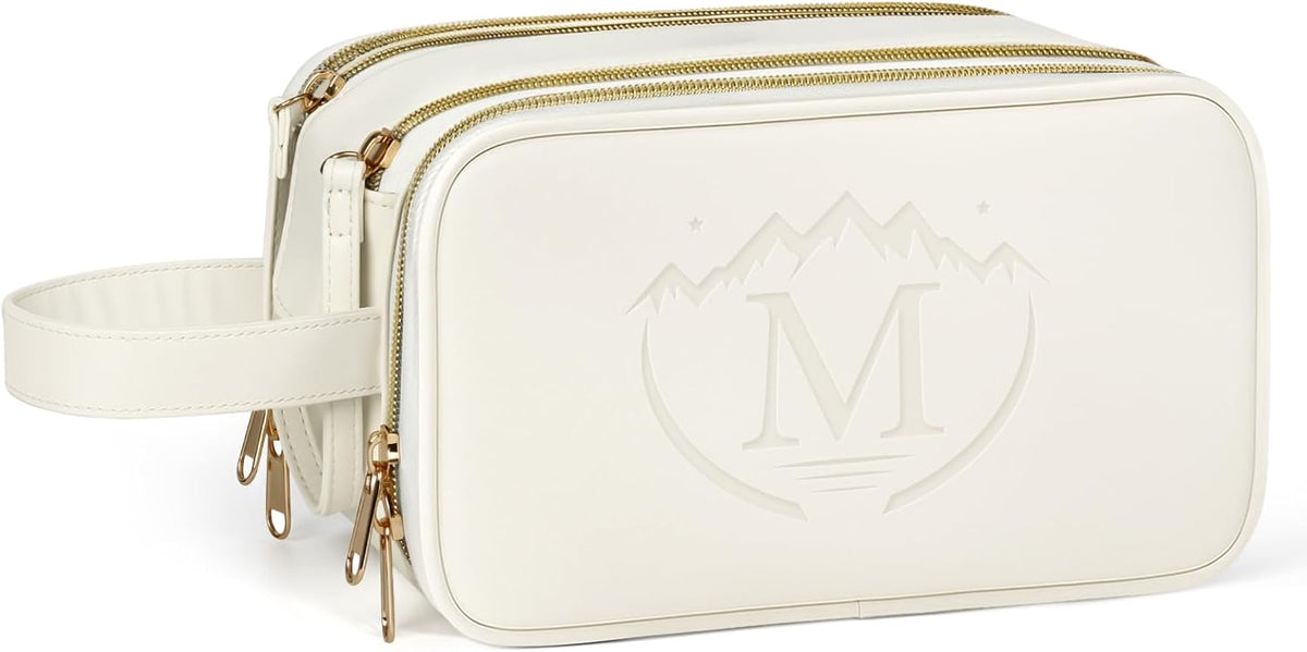 Travel Toiletry Bag for Women,Toiletry Bags for Traveling Womens Leather,Compartments Make up Bags for Women,Cosmetic pouch Organizer,White- M
