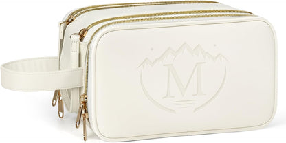 Travel Toiletry Bag for Women,Toiletry Bags for Traveling Womens Leather,Compartments Make up Bags for Women,Cosmetic pouch Organizer,White- M