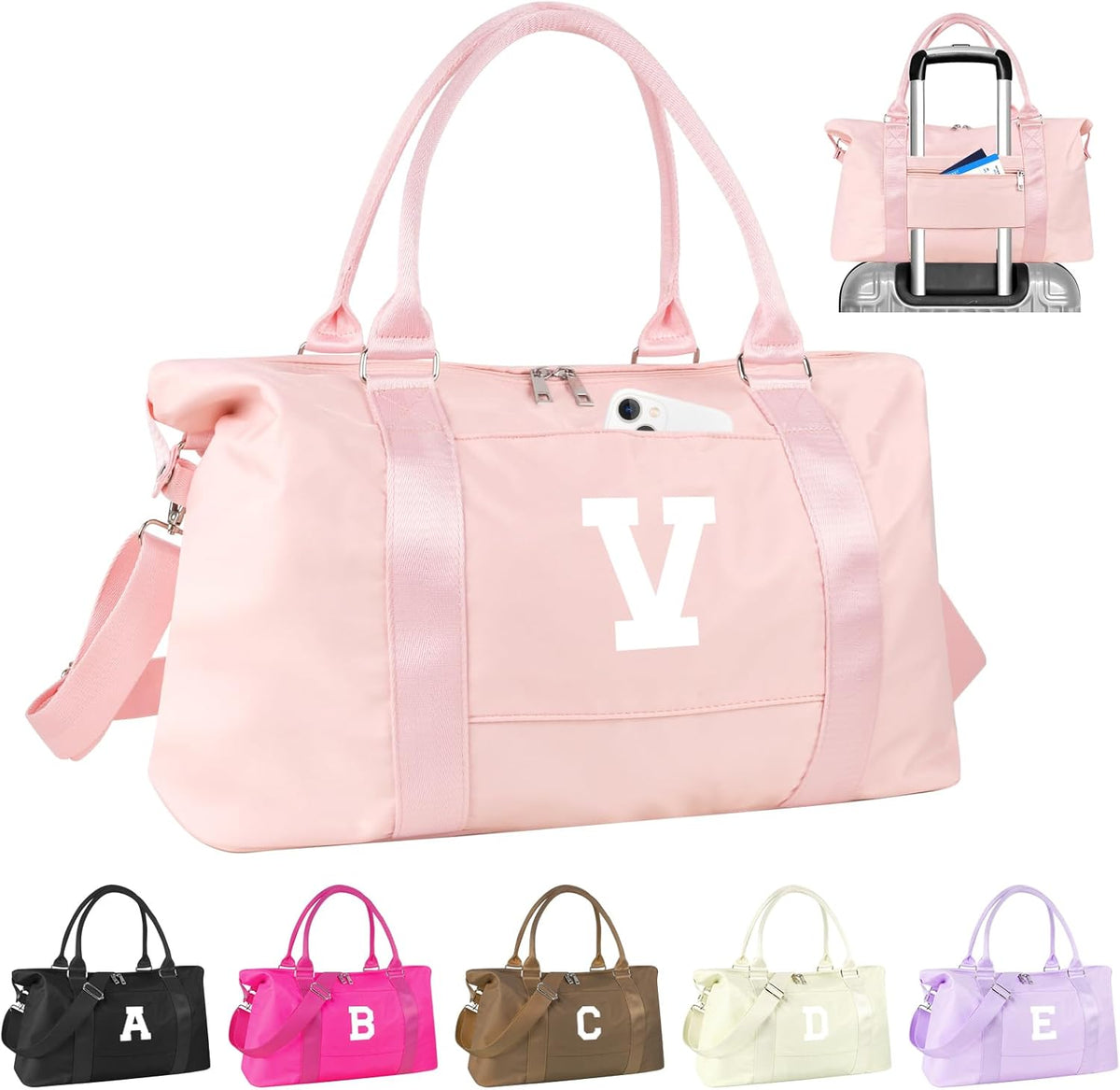 Initial Travel Duffel Bag Sports Gym Bag for Girls Teen Birthday Gifts,Pink Personalized Weekender Bag Carry On Tote Bags for Women Men,Waterproof Overnight Luggage Bag with Trolley Sleeve(Letter V)