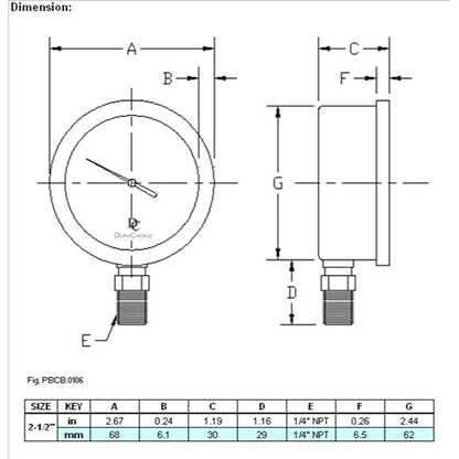 2-1/2" Oil Filled Pressure Gauge - Stainless Steel Case, Brass, 1/4" NPT, Lower Mount Connection, 0-400PSI