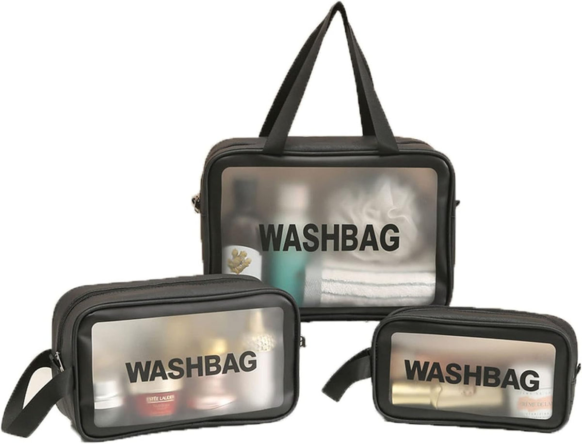 Clear Travel Bags for Toiletries, 3Pcs Portable PVC Waterproof Cosmetic Bags, Transparent Travel Storage Carry Pouch, Toiletry Bags and Cosmetics Organizer for Women Men (Black)