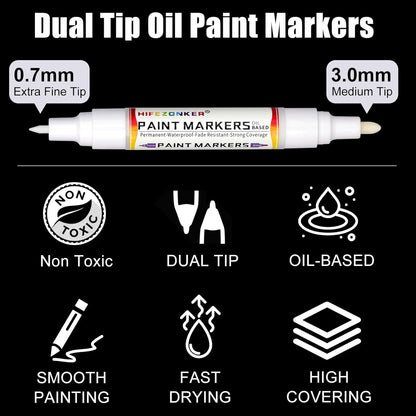 White Paint Pen Marker - 2 PCS Dual Tip Oil Based Permanent Markers, Extra Fine and Medium Tip (0.7mm & 3mm), Quick Drying, Waterproof, for Fabric