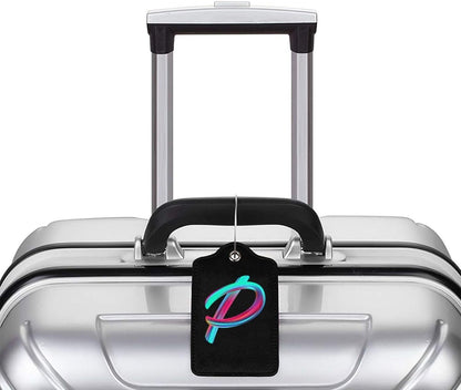 2 Pack Initial Luggage Tags for Suitcase, Colorful Letter Design Cruise Name Bag Tags, Novelty Baggage Identifiers with Full Privacy Cover, Leather ID Label for Women Men Kids Travel, Rainbow Letter P