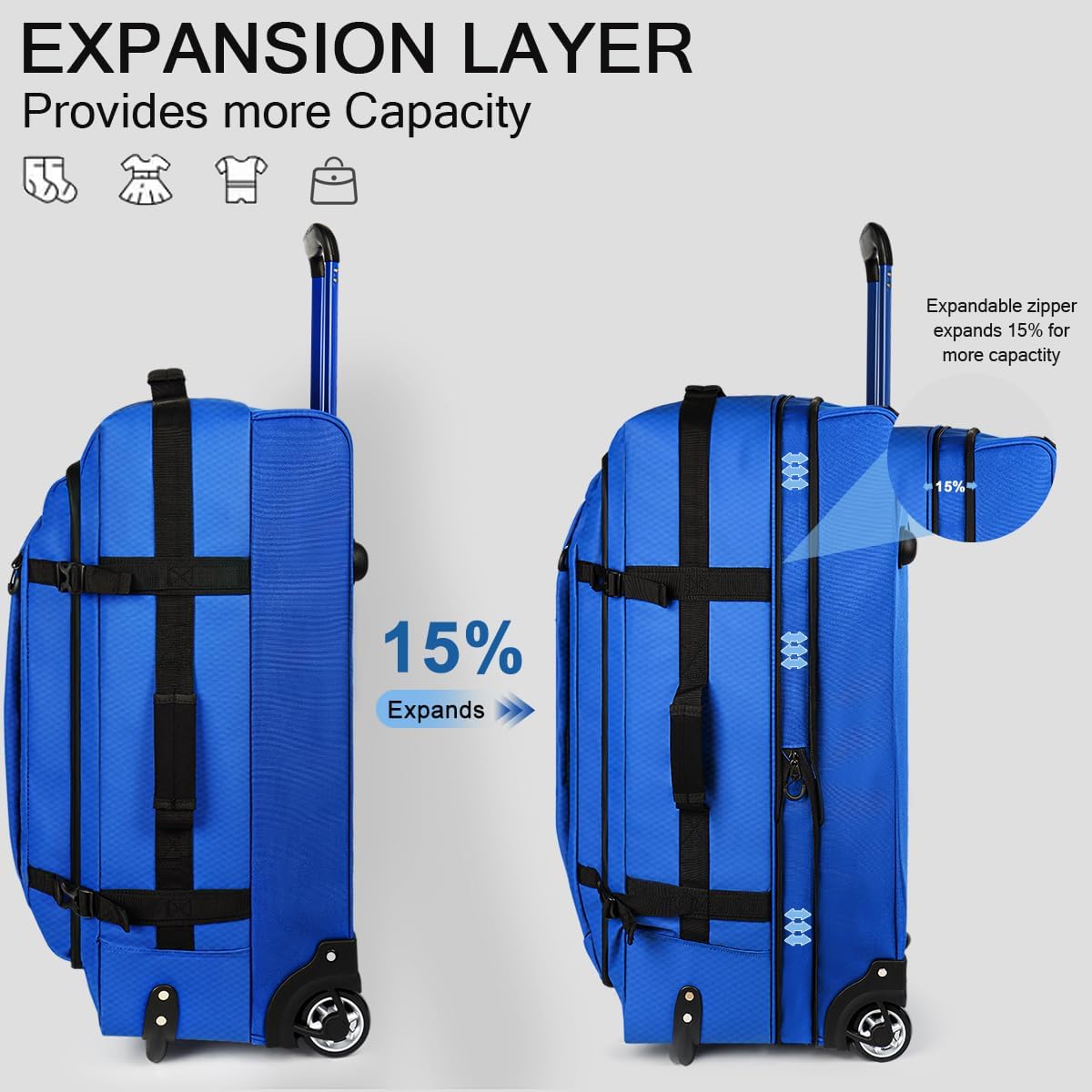 30'' Expandable Rolling Duffle Bag with Wheels,Expandable For Up to 15% More Space,Rolling Duffle Bag w/Handle,Carry on Luggage Travel Duffle Bags for Man Women#Blue