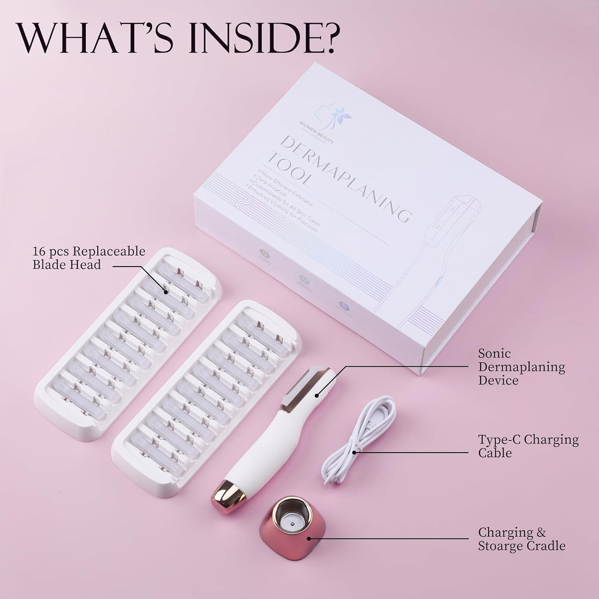 Sonic Dermaplane Razor for Women Face, Dermaplaning Tool for Face, Facial Hair Removal for Women, Sonic Edge Technology, Peach Fuzz with 16 Replaceable Blades(White)