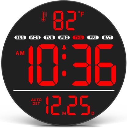 WallarGe Large Digital Wall Clock with LED Display, Electric Wall Clock with Temperature, Auto DST, Date, and Day, 5-Level Brightness for Office, Bedroom, Living Room, Classroom Décor