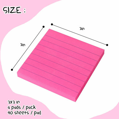 Lined Sticky Notes 3x3 Sticky Notes with Lines Self-Stick Notes Bright Color 4 Pads 90 Sheets/Pad (Rose Red)